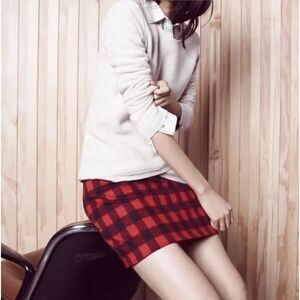 Madewell Red and Black Buffalo Check Plaid Leather Trim Gamine Mini Skirt Sz 6